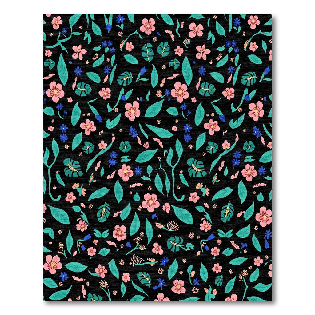 Coral Teal Pink Floral Tropical Black Rug