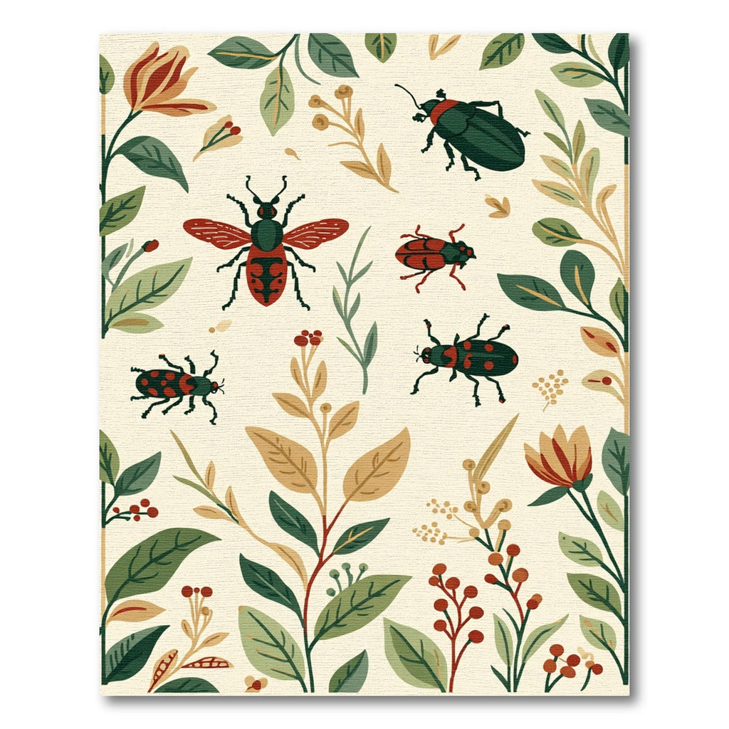 Botanical Insects Red Green Earthy Tones Rug