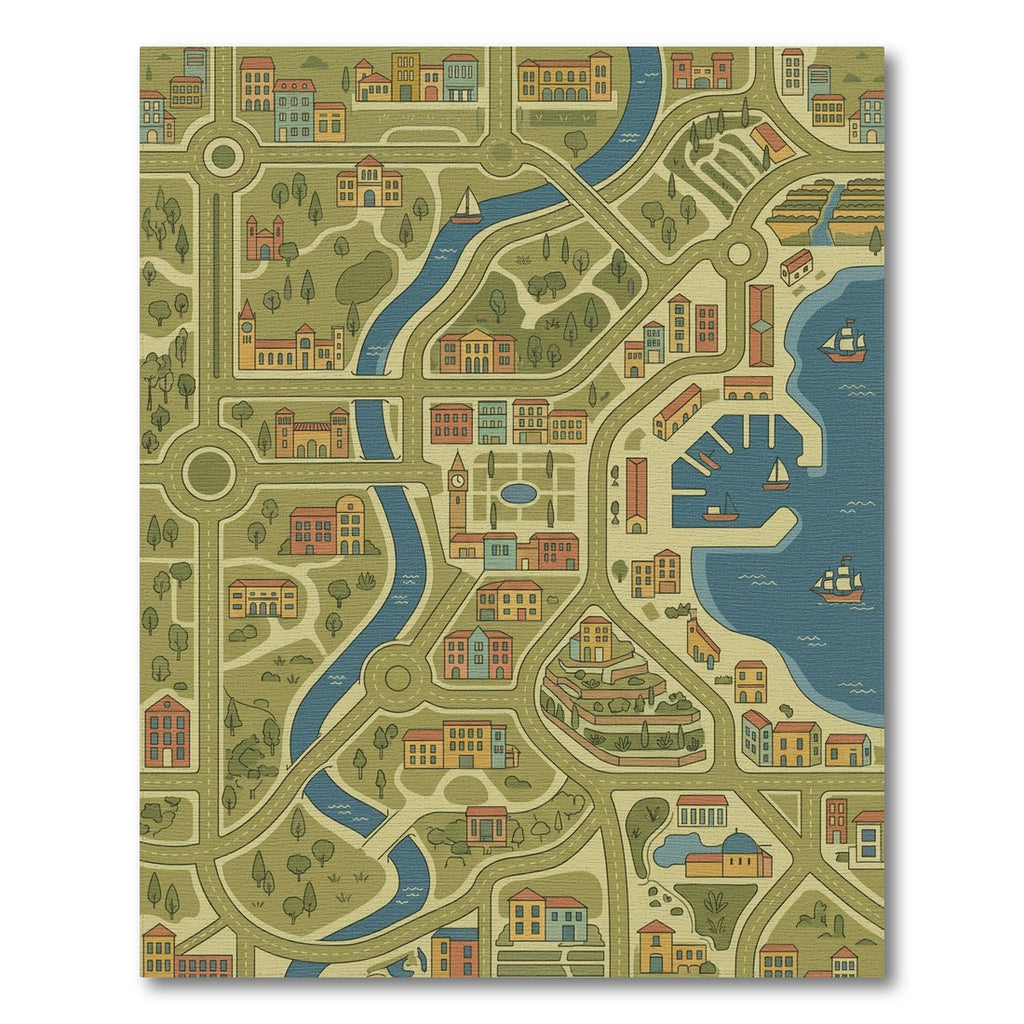 Whimsical Cityscape Map Buildings Rug