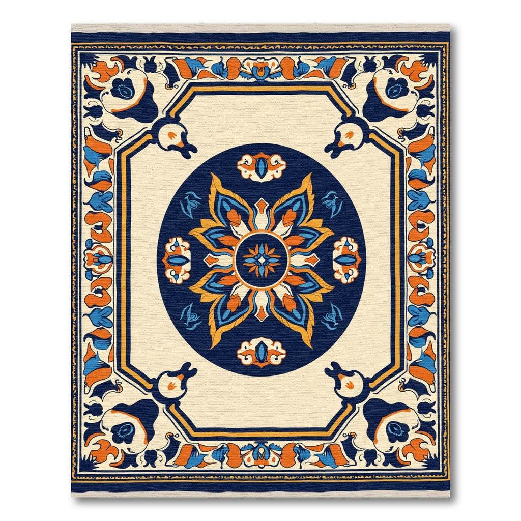 Navy Blue Orange Floral Medallion Rug
