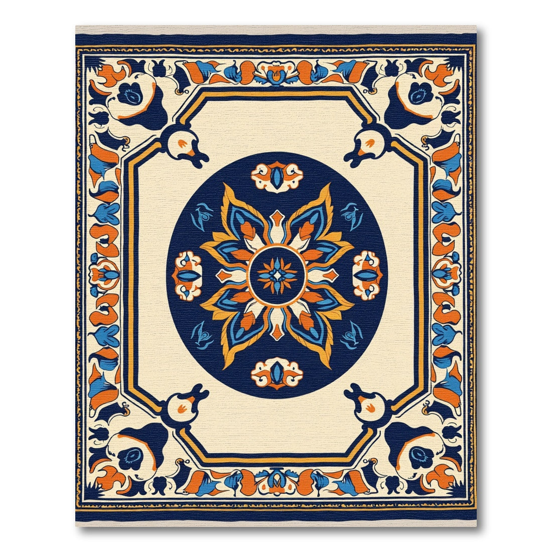 Navy Blue Orange Floral Medallion Rug