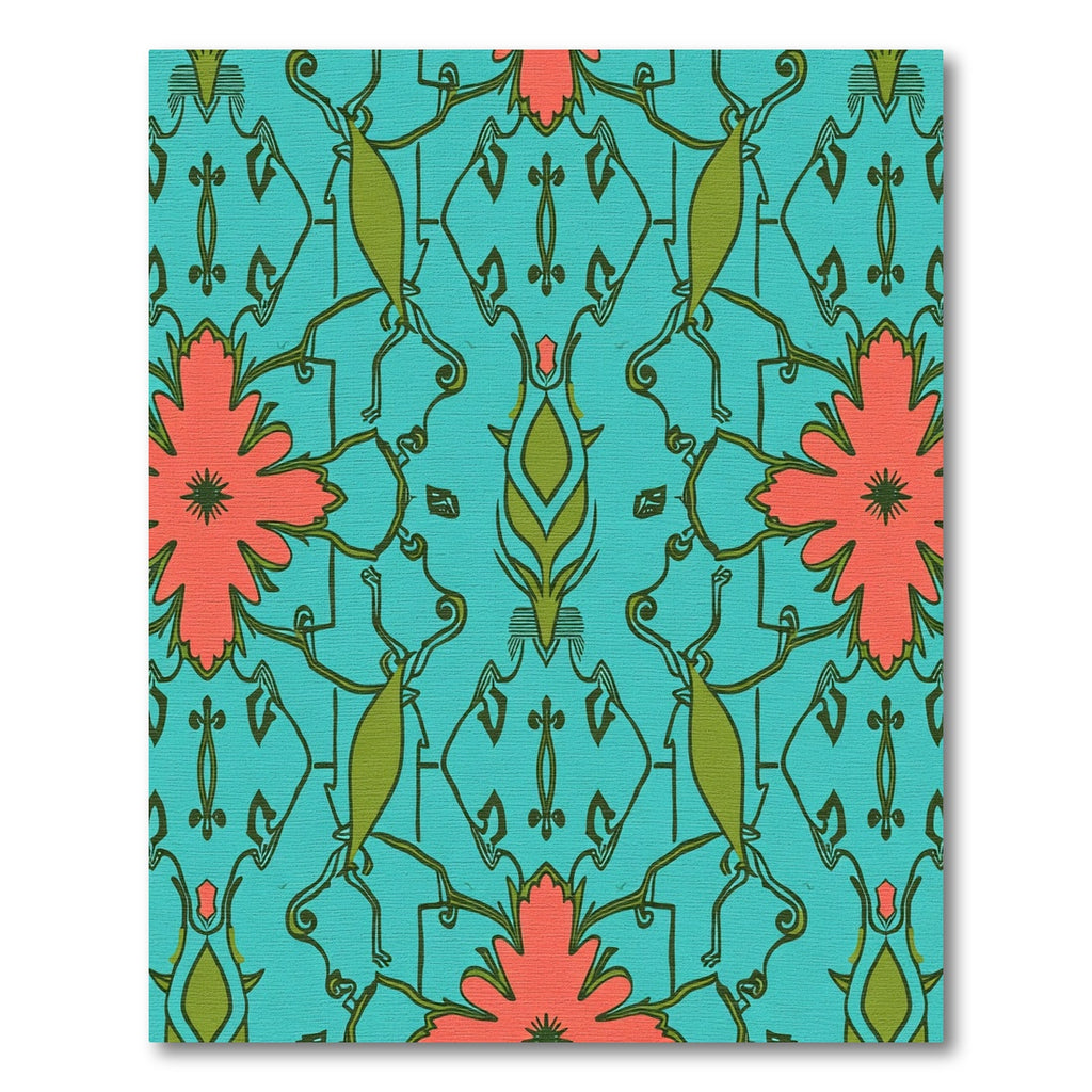 Teal Coral Floral Vine Scroll Rug