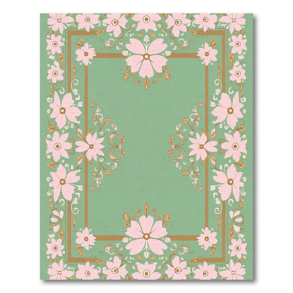Pastel Pink Floral Border Green Rug