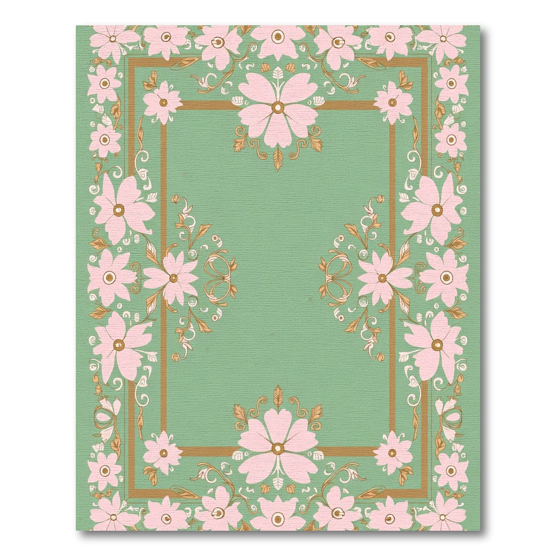 Pastel Pink Floral Border Green Rug