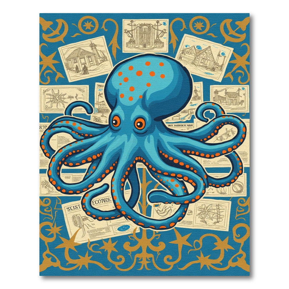 Blue Orange Polka Dot Octopus Collage Rug