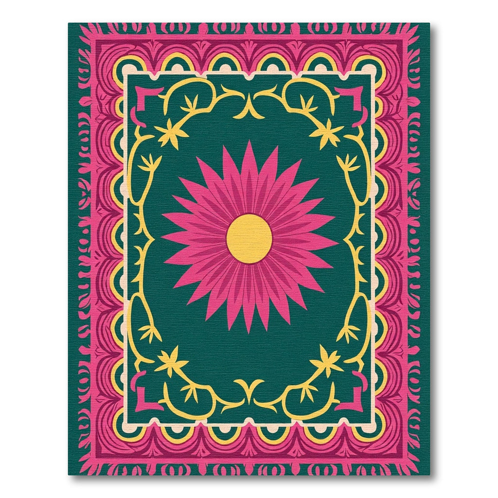 Vibrant Pink Daisy Teal Frame Rug