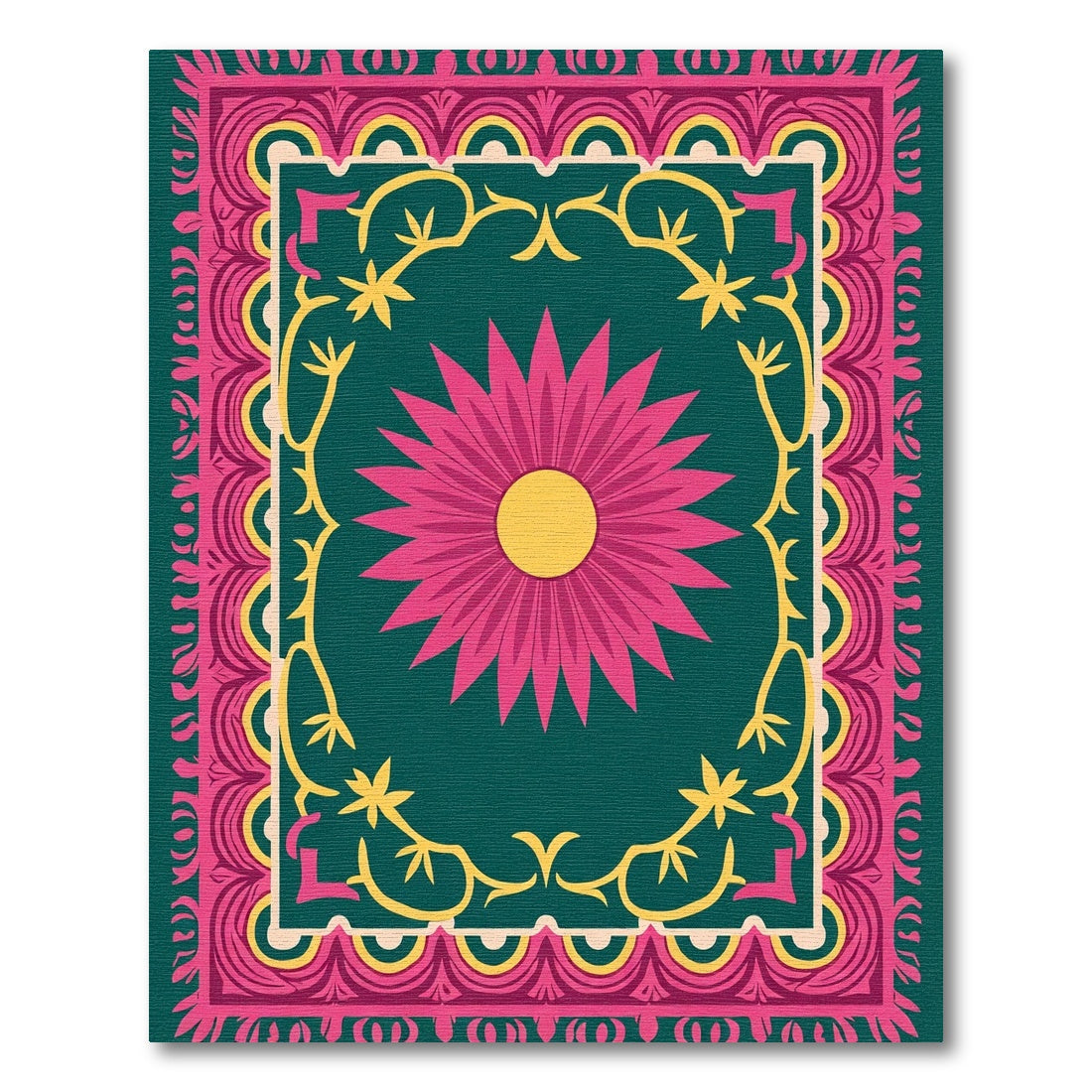 Vibrant Pink Daisy Teal Frame Rug