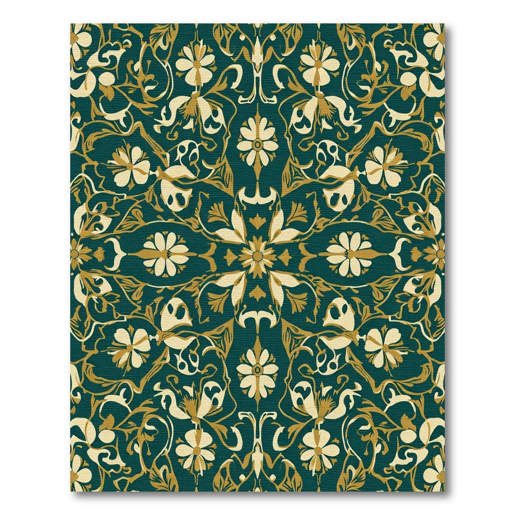 Dark Teal Golden Floral Medallion Rug