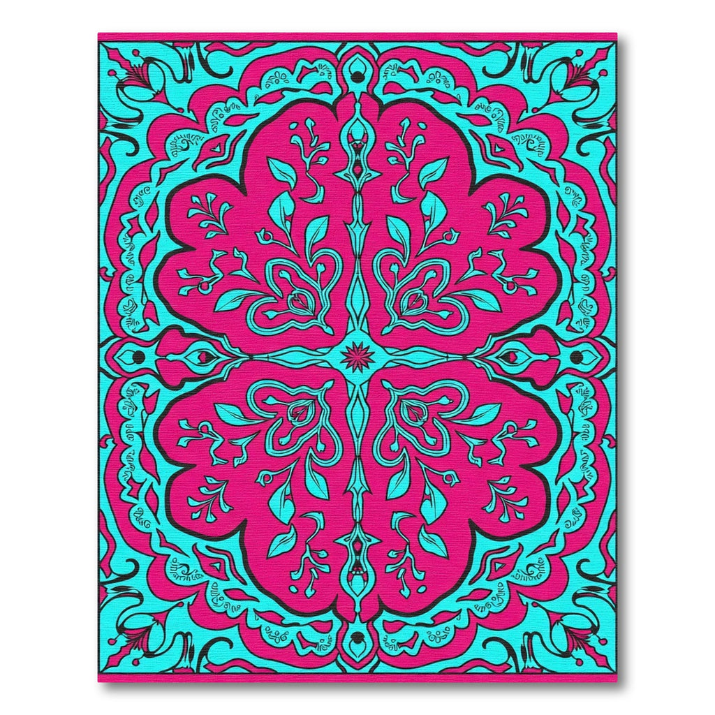 Vibrant Magenta Teal Floral Symmetry Rug