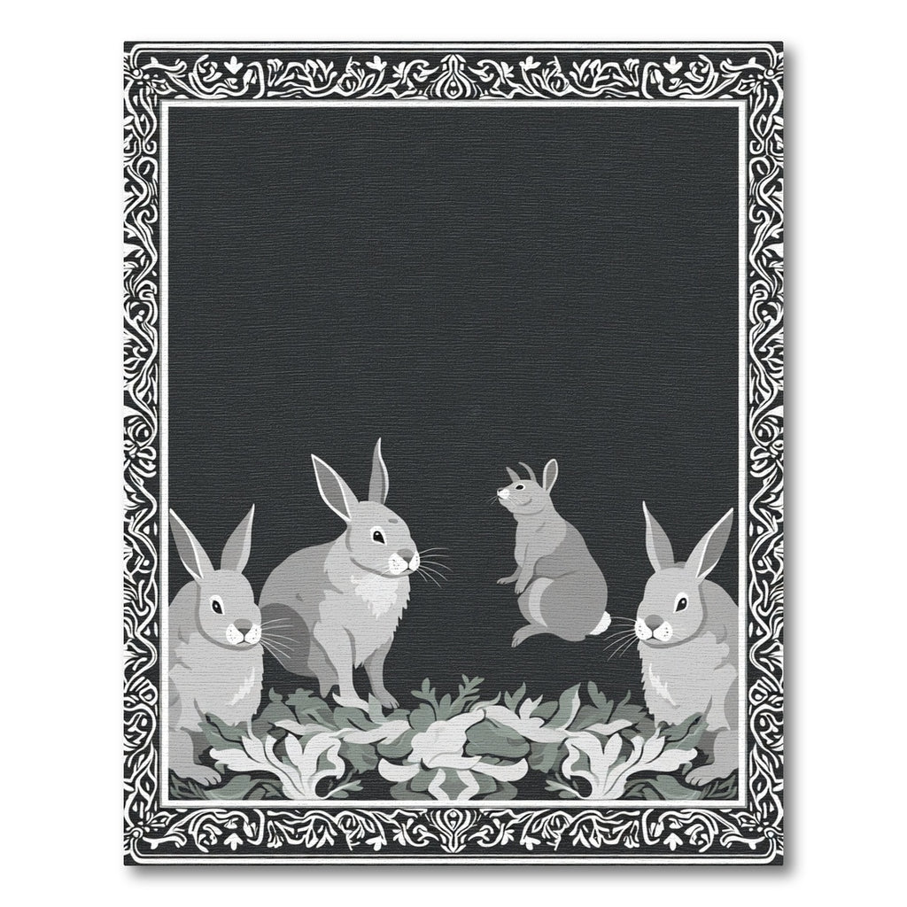 Monochrome Rabbits Floral Border Rug