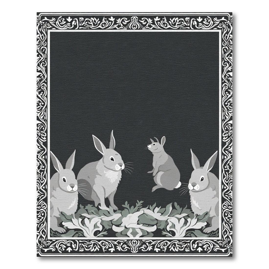Monochrome Rabbits Floral Border Rug