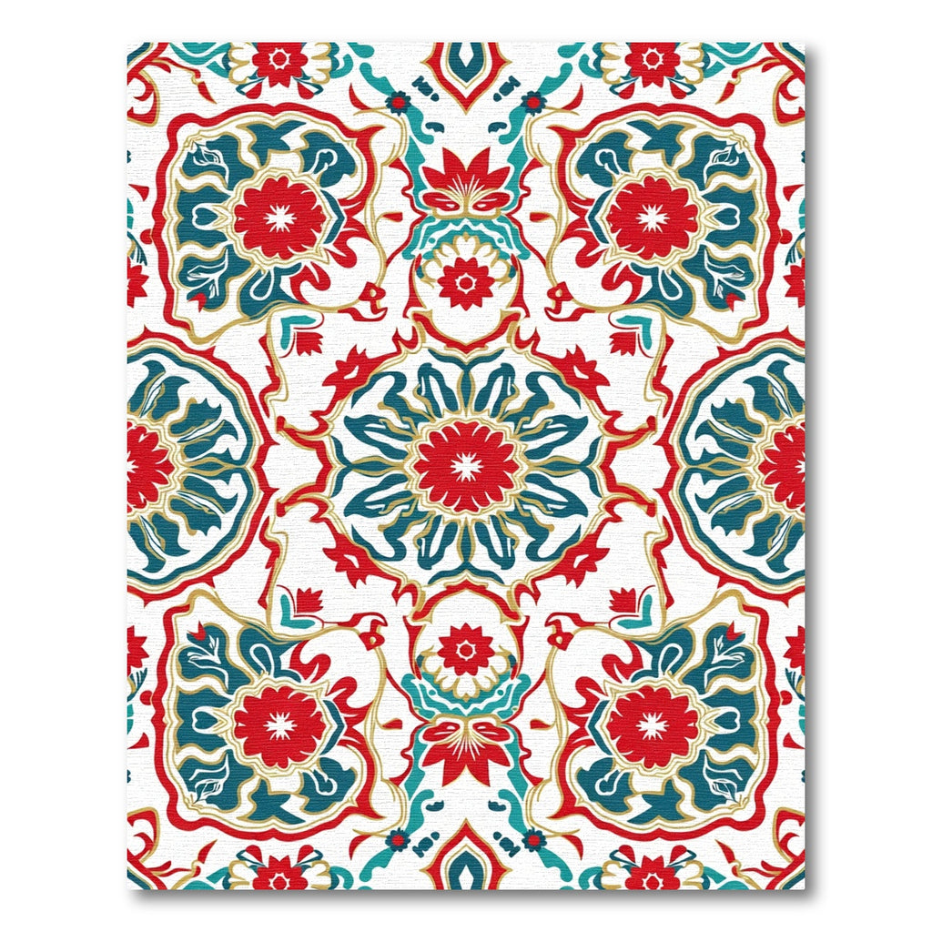 Red Teal Golden Medallion Floral Rug