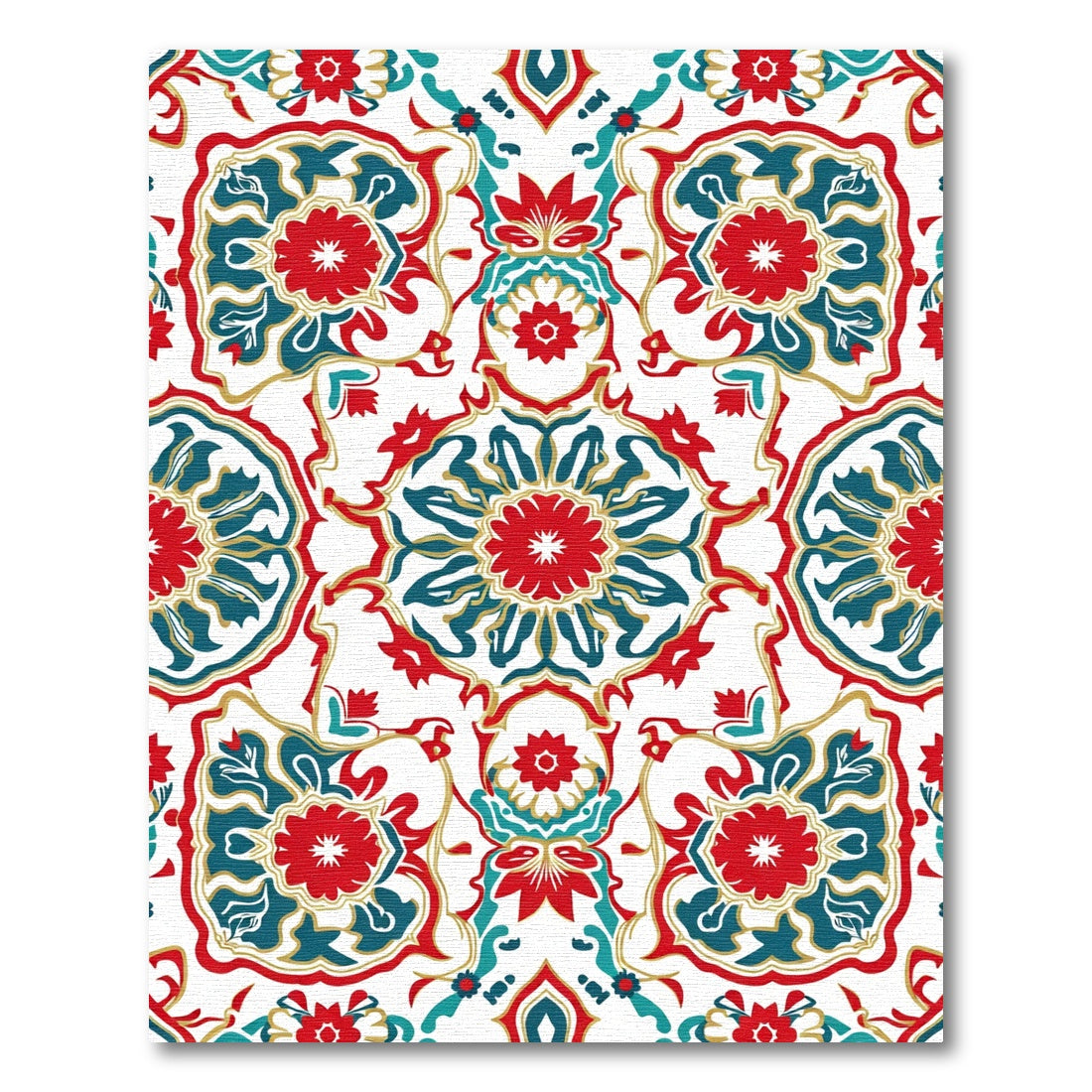 Red Teal Golden Medallion Floral Rug