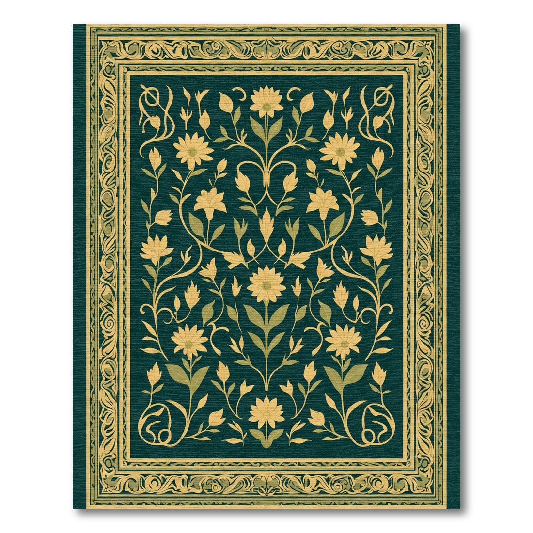 Deep Teal Golden Floral Scroll Rug