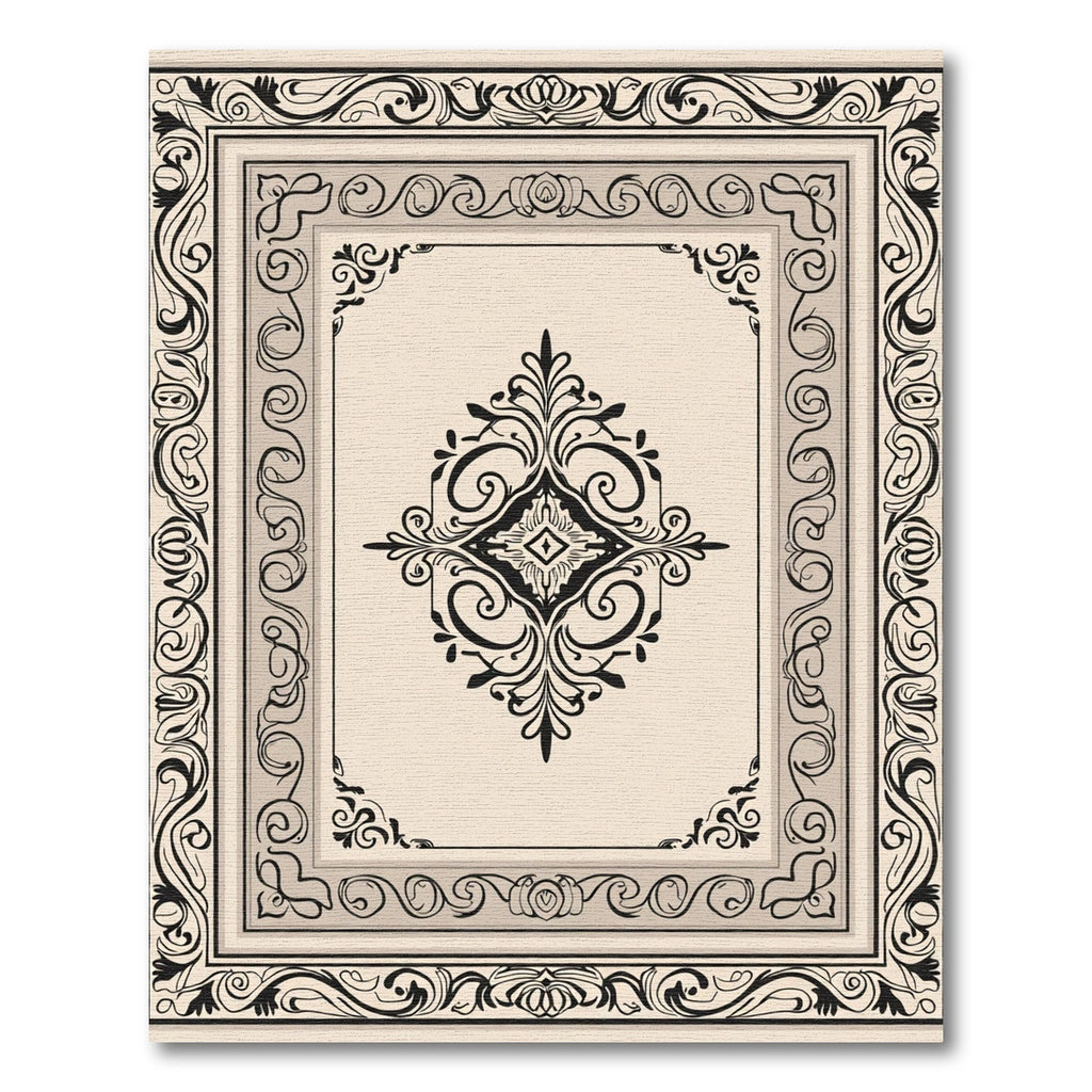Ornate Black Cream Scroll Medallion Rug