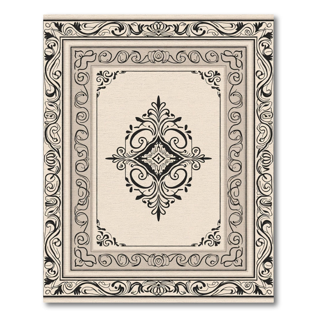 Ornate Black Cream Scroll Medallion Rug