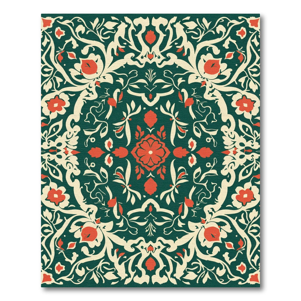 Emerald Red Floral Scroll Medallion Rug
