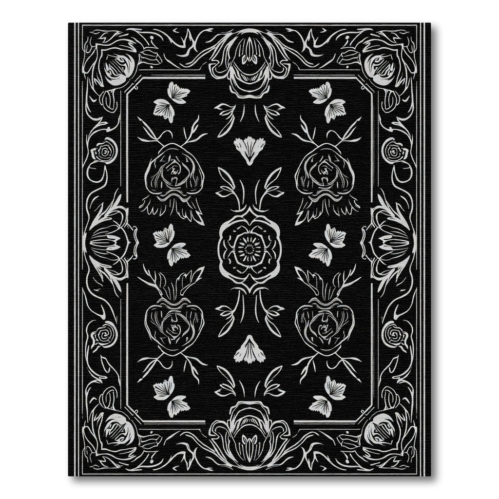 Black White Floral Butterfly Garden Rug