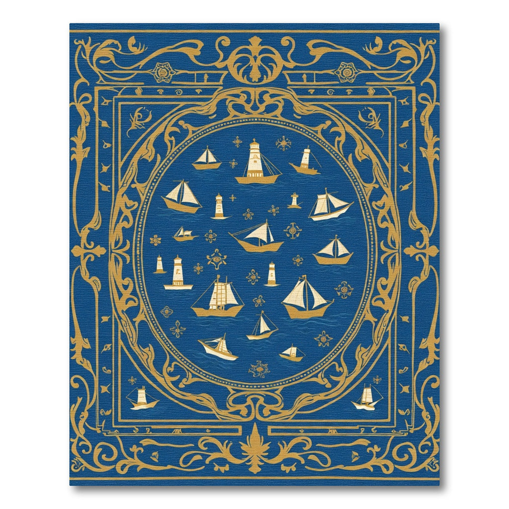 Nautical Maritime Scene Blue Gold Rug