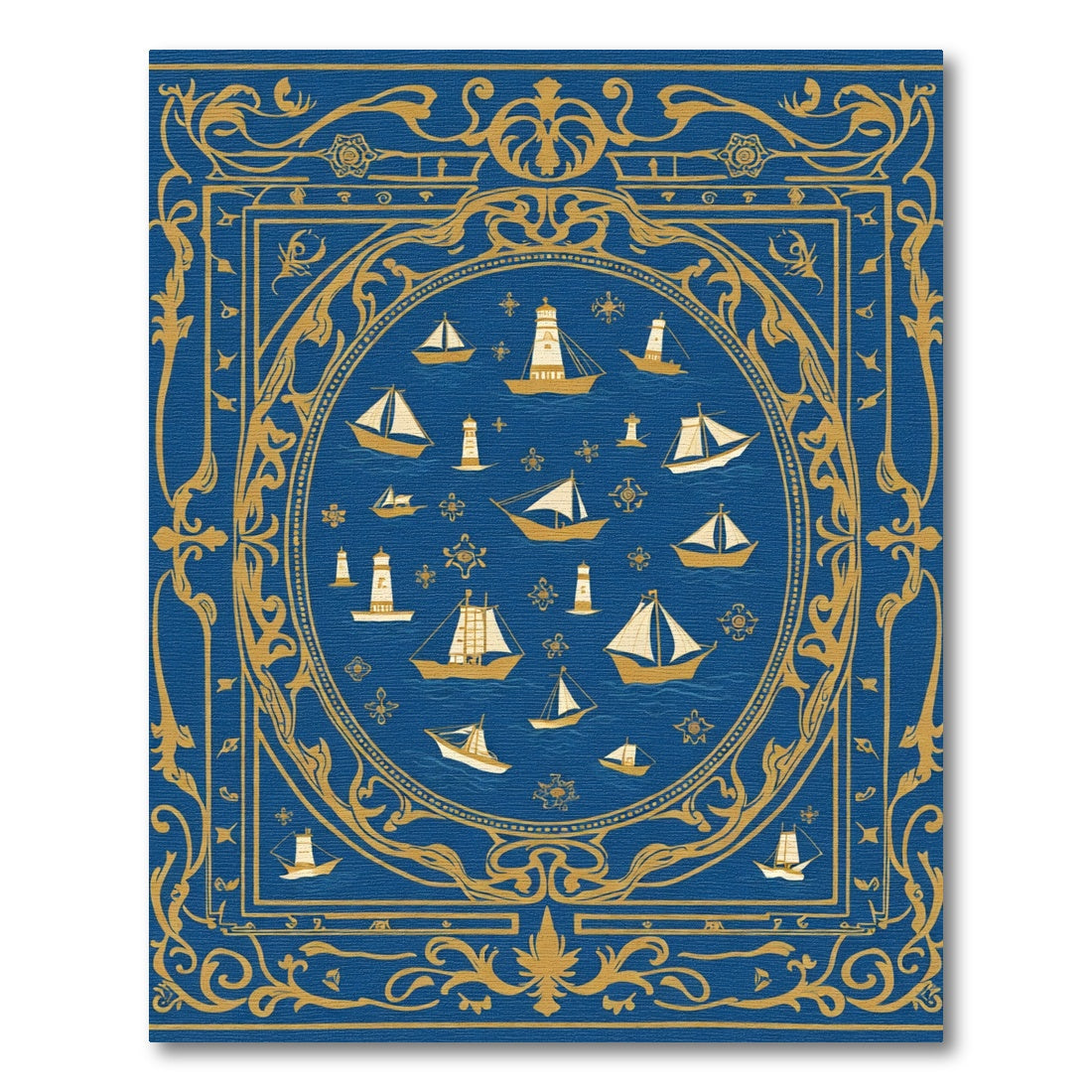 Nautical Maritime Scene Blue Gold Rug