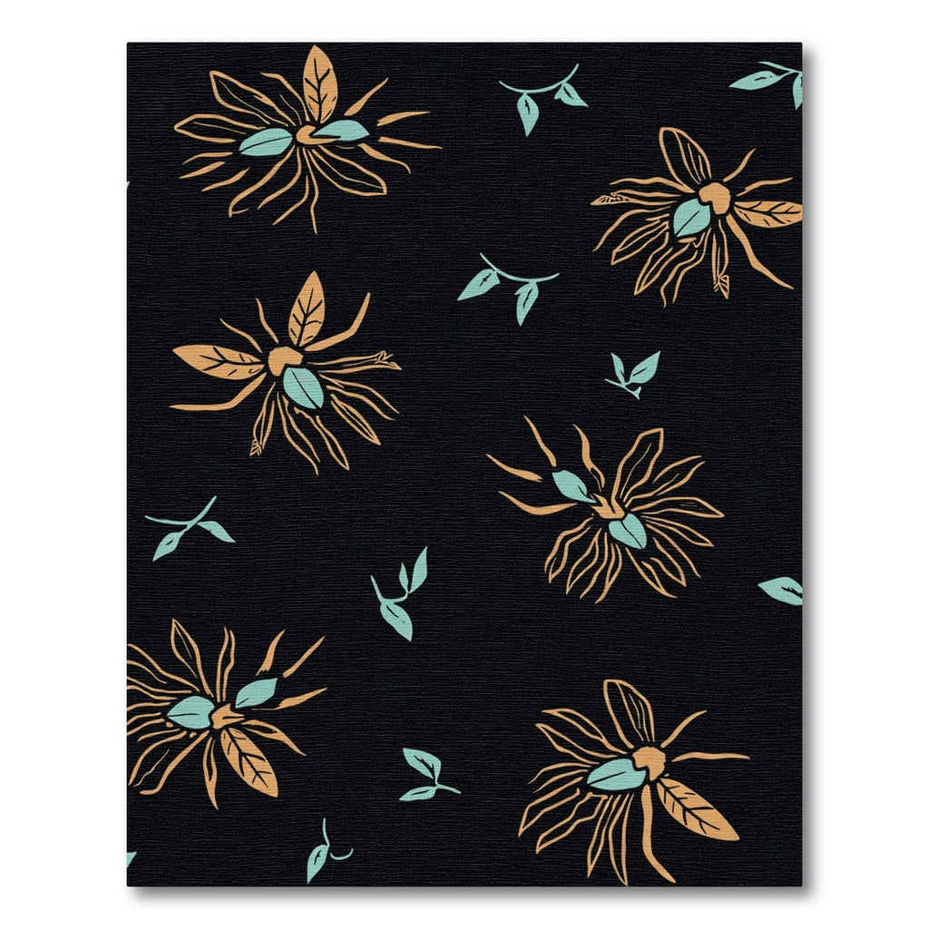 Orange Teal Floral Outline on Black Rug