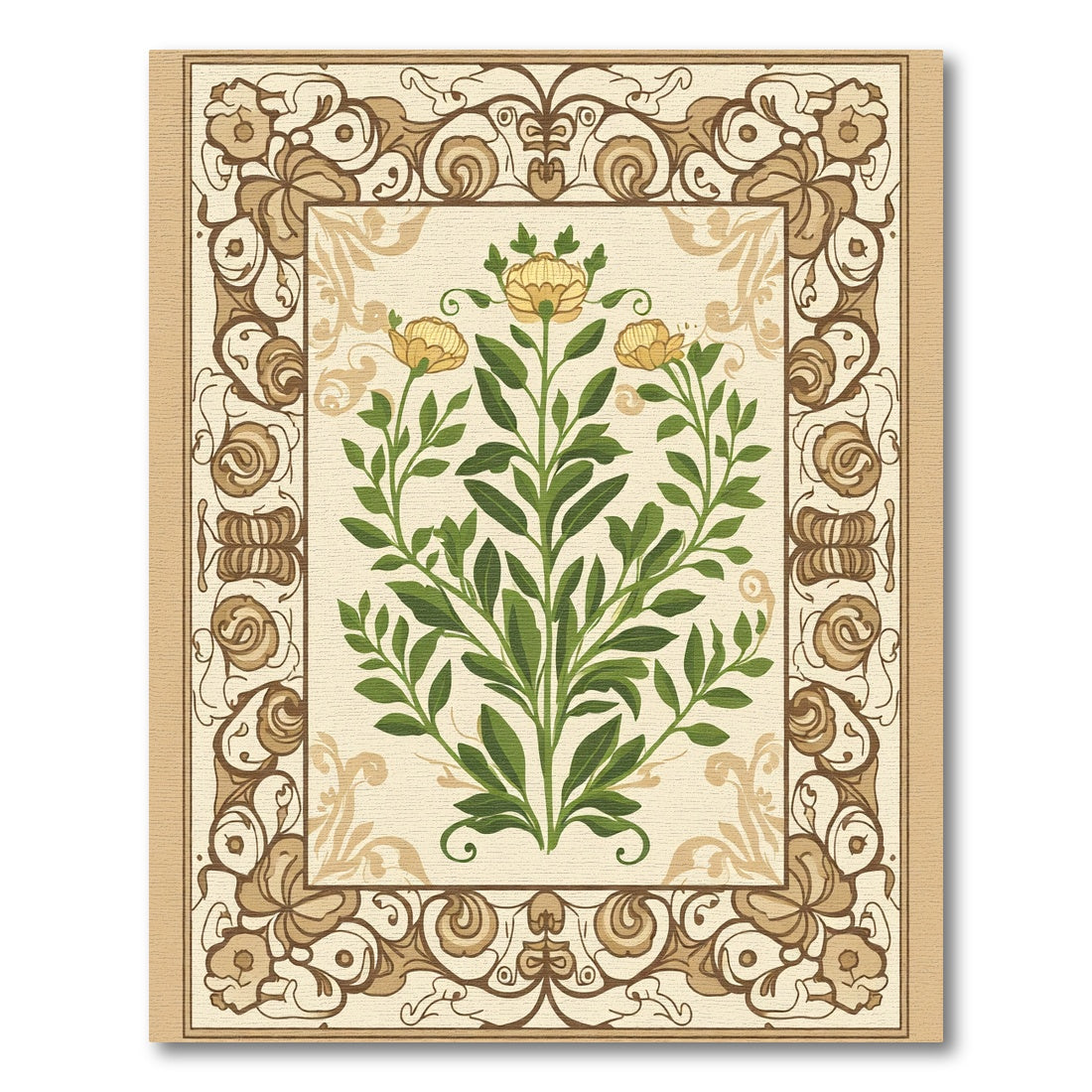 Cream and Gold Floral Botanical Branch Rug