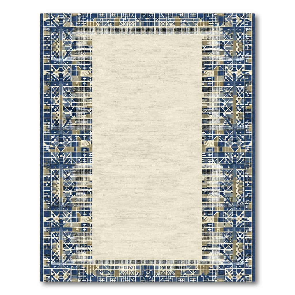 Geometric Blue Tan Mosaic Border Rug