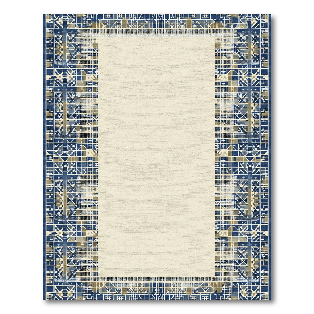 Geometric Blue Tan Mosaic Border Rug