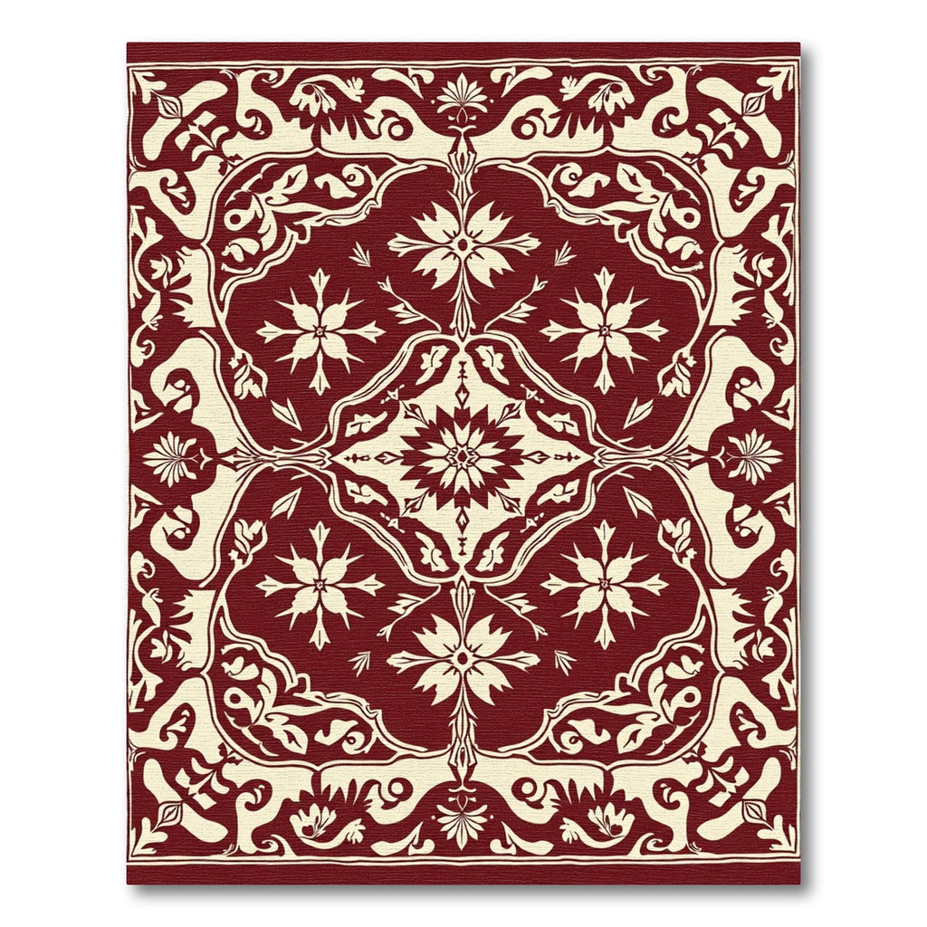 Deep Red Floral Medallion Damask Rug
