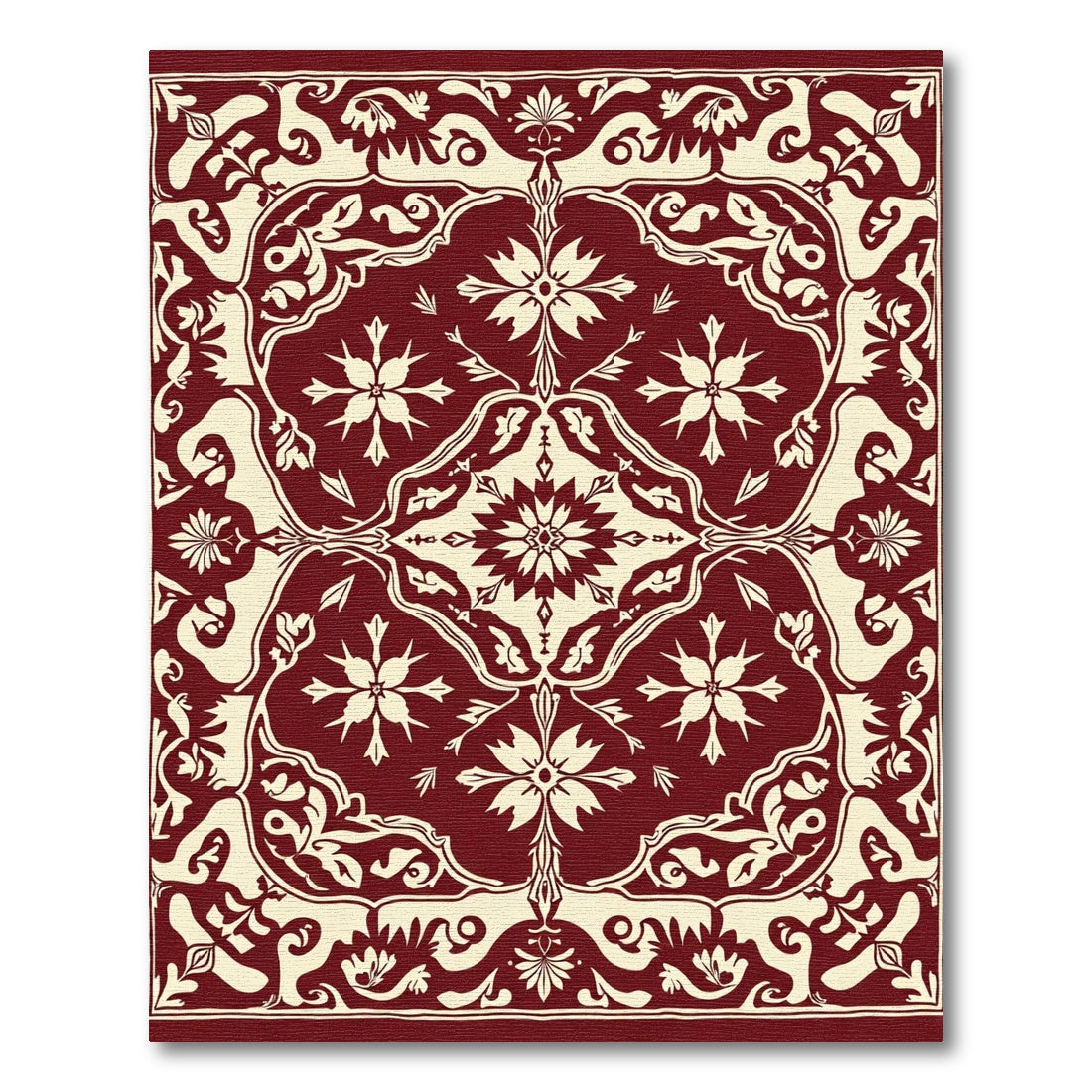 Deep Red Floral Medallion Damask Rug