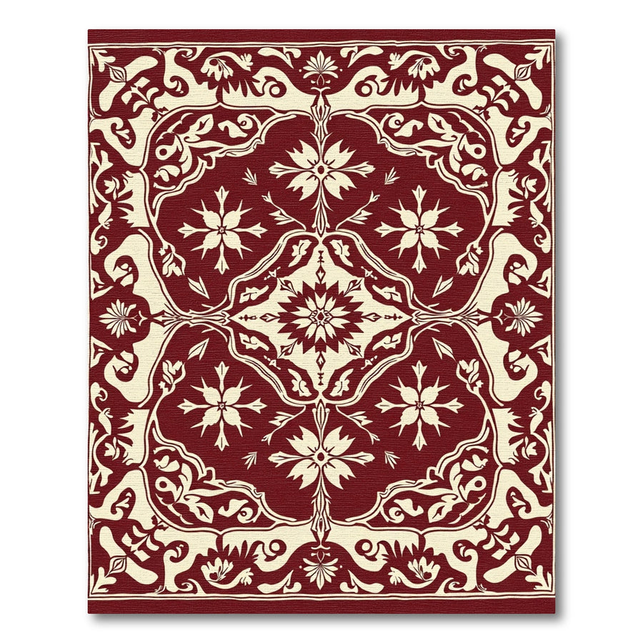 Deep Red Floral Medallion Damask Rug