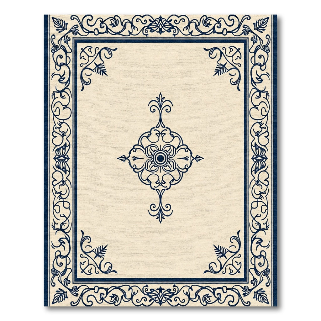 Navy Floral Frame Cream Medallion Rug