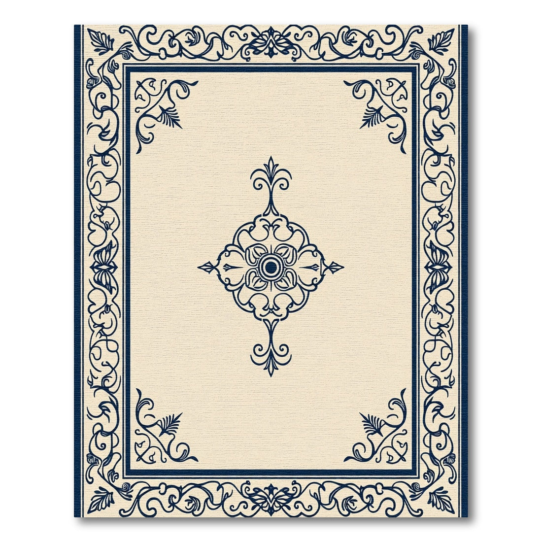 Navy Floral Frame Cream Medallion Rug