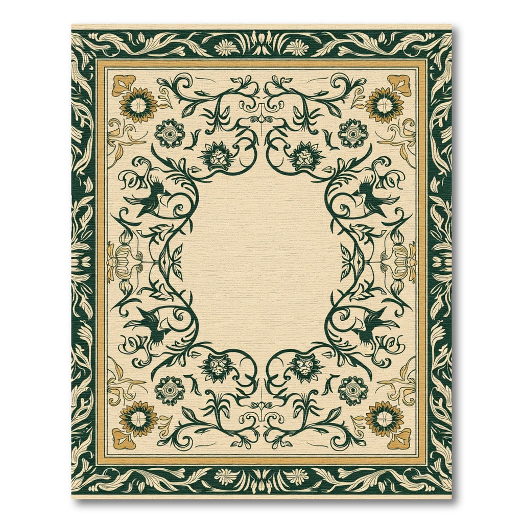 Cream Green Floral Vines Border Rug