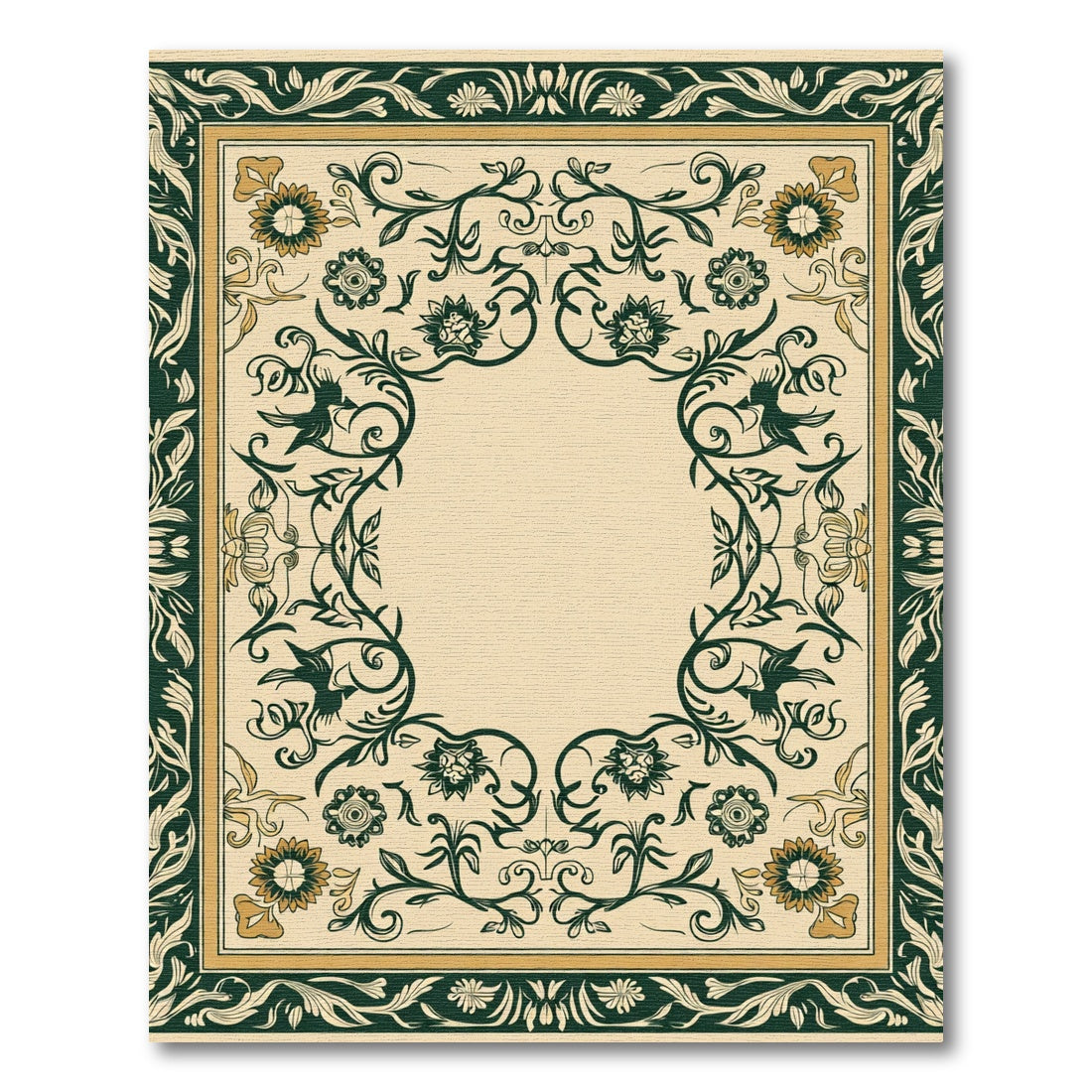 Cream Green Floral Vines Border Rug