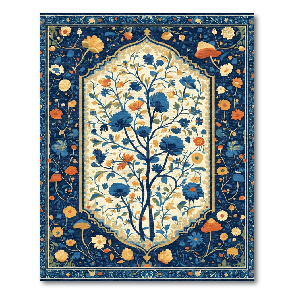Navy Blue Floral Tree Scroll Rug