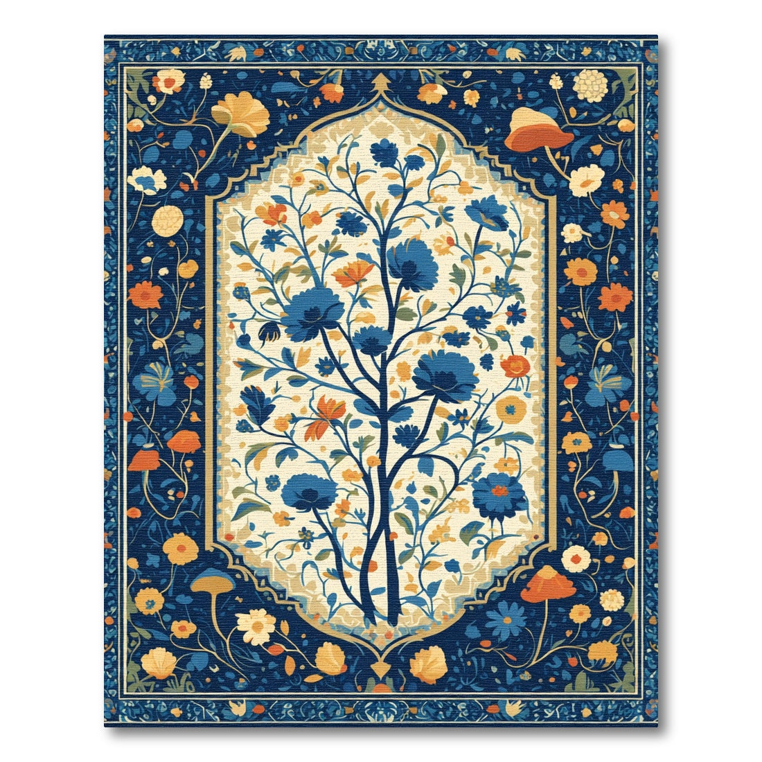 Navy Blue Floral Tree Scroll Rug