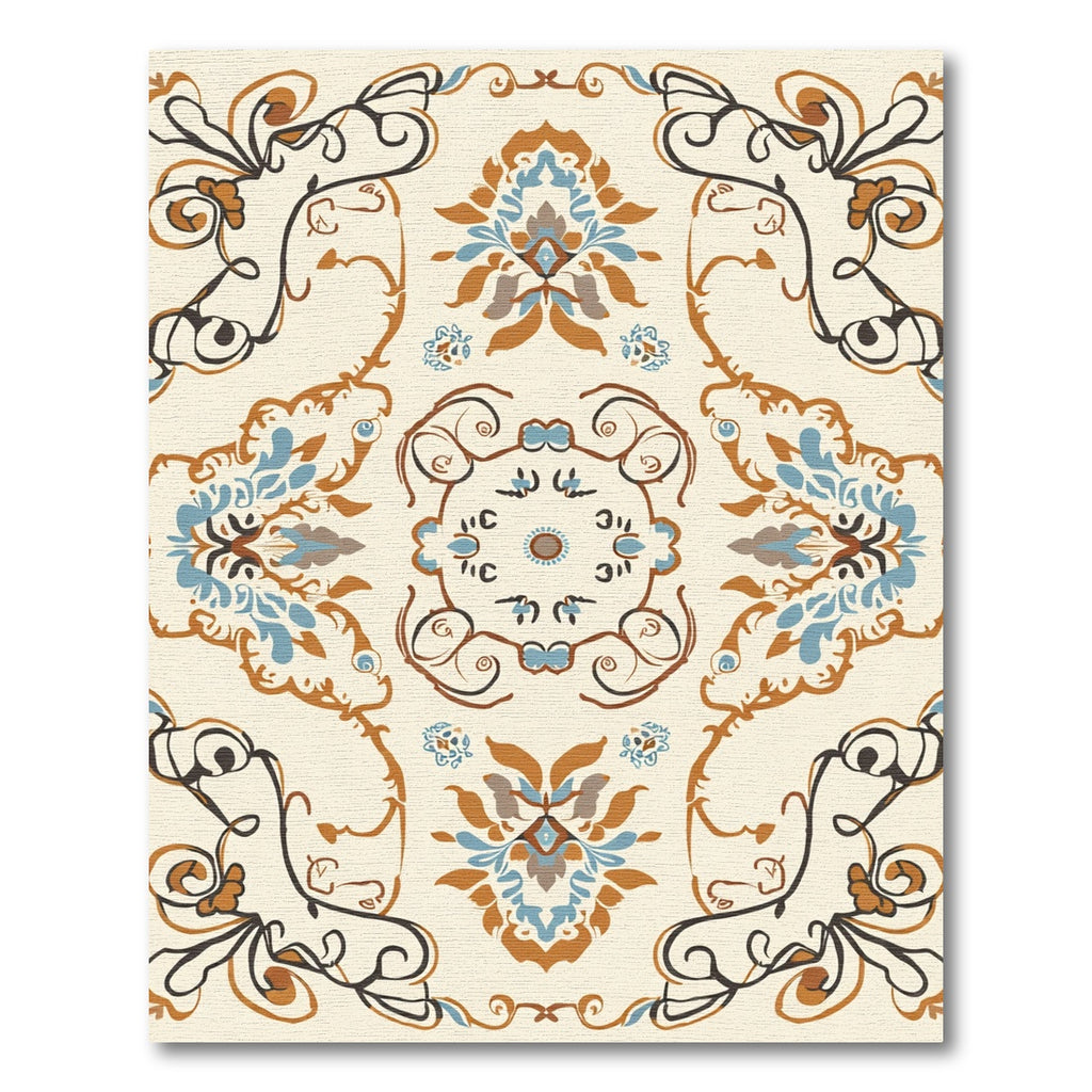 Terracotta Blue Floral Swirl Medallion Rug