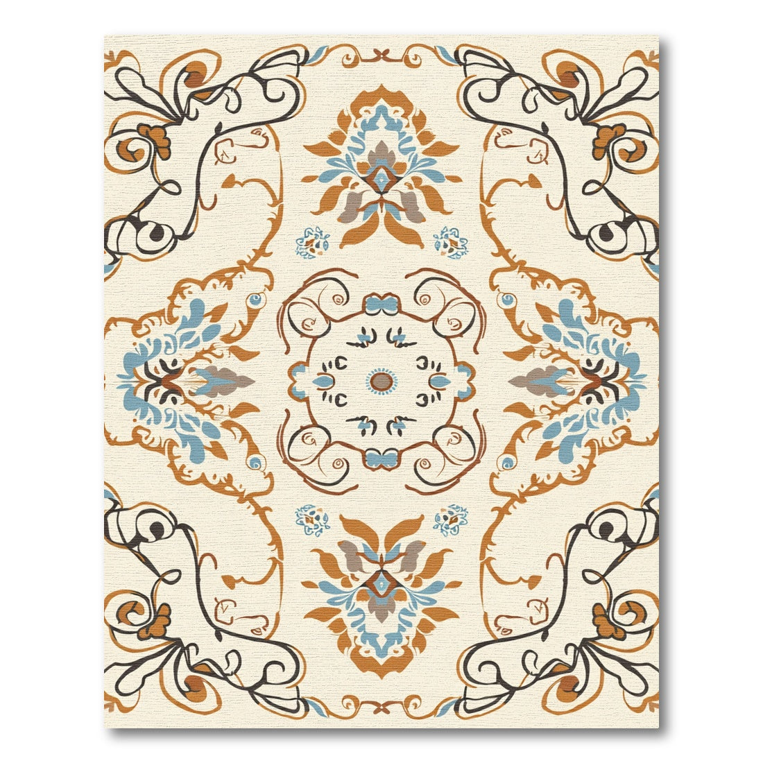 Terracotta Blue Floral Swirl Medallion Rug