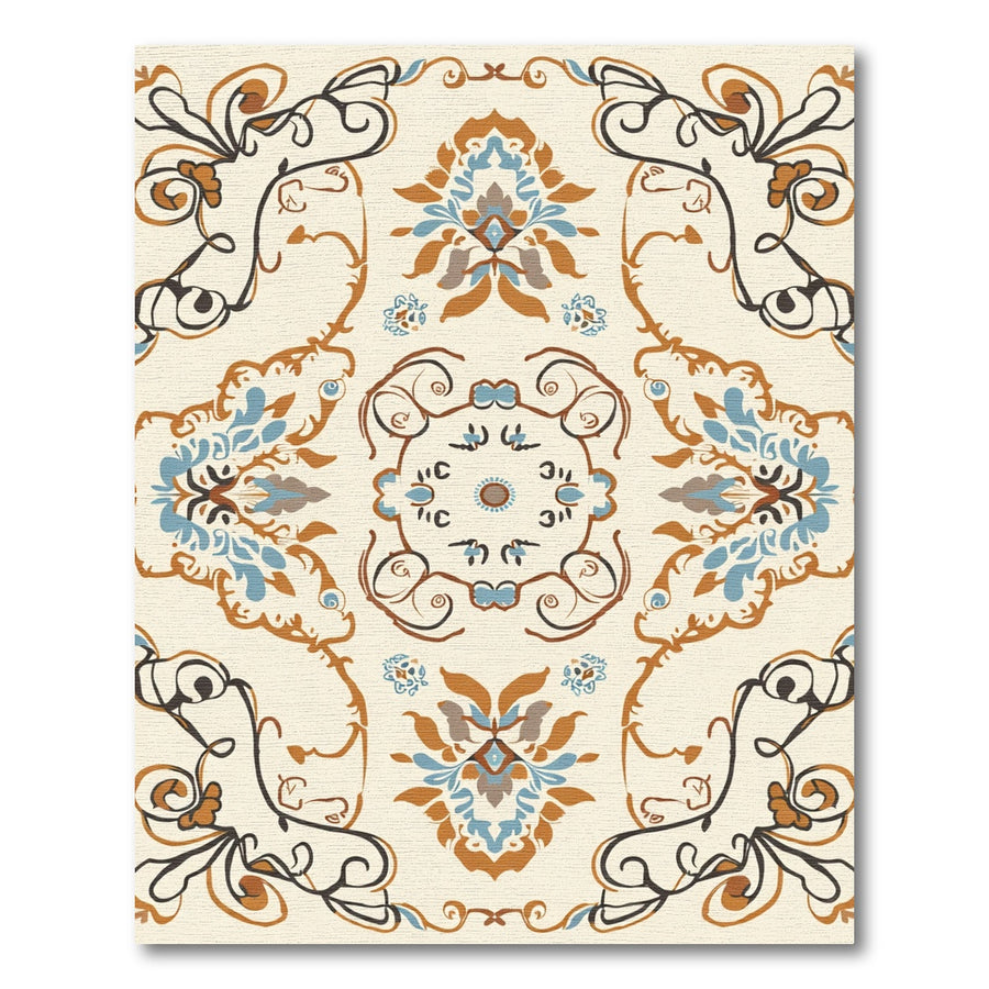 Terracotta Blue Floral Swirl Medallion Rug