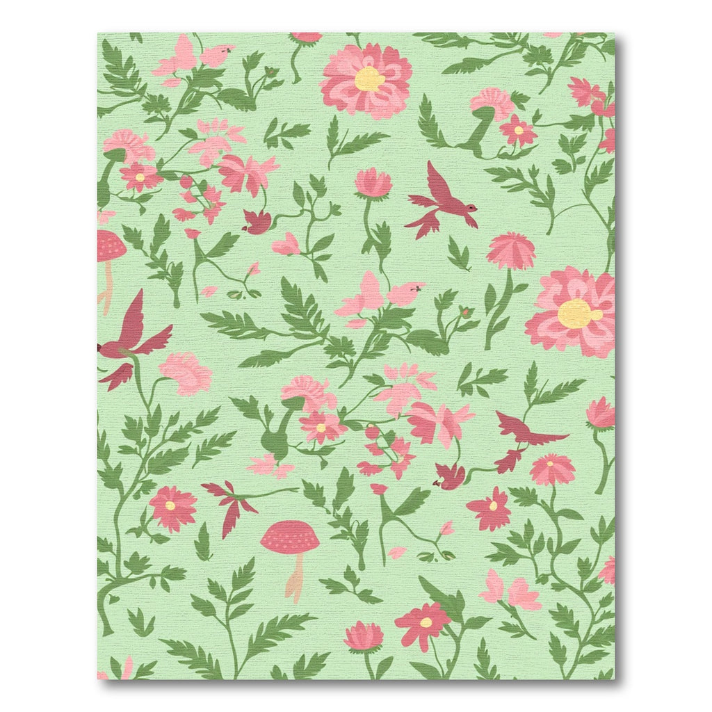 Pink Floral Birds Green Background Rug