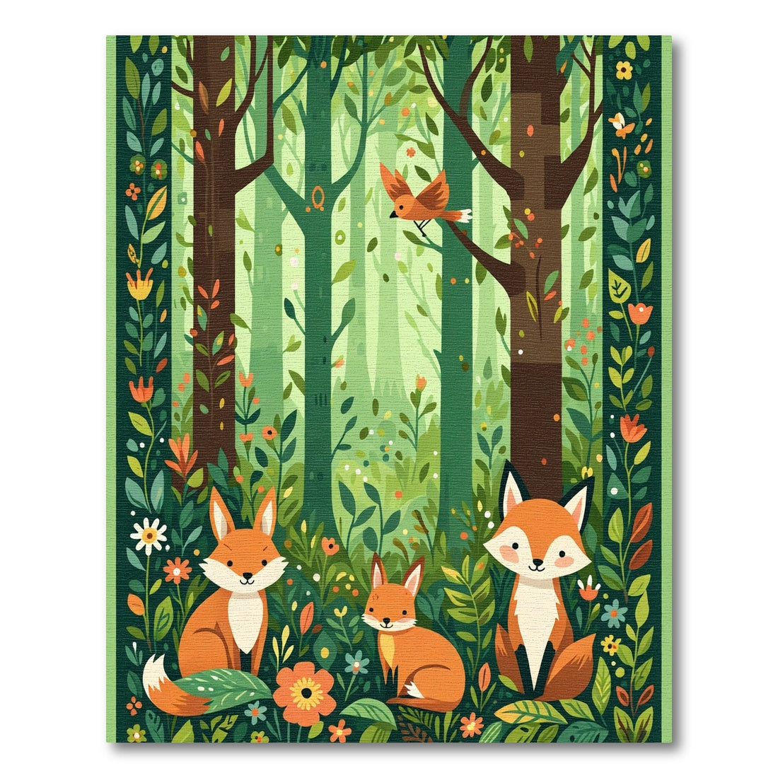 Woodland Foxes And Birds Forest Scene Rug