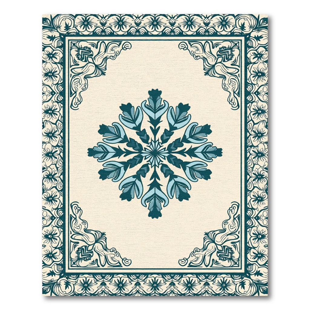 Teal Floral Medallion Ivory Border Rug