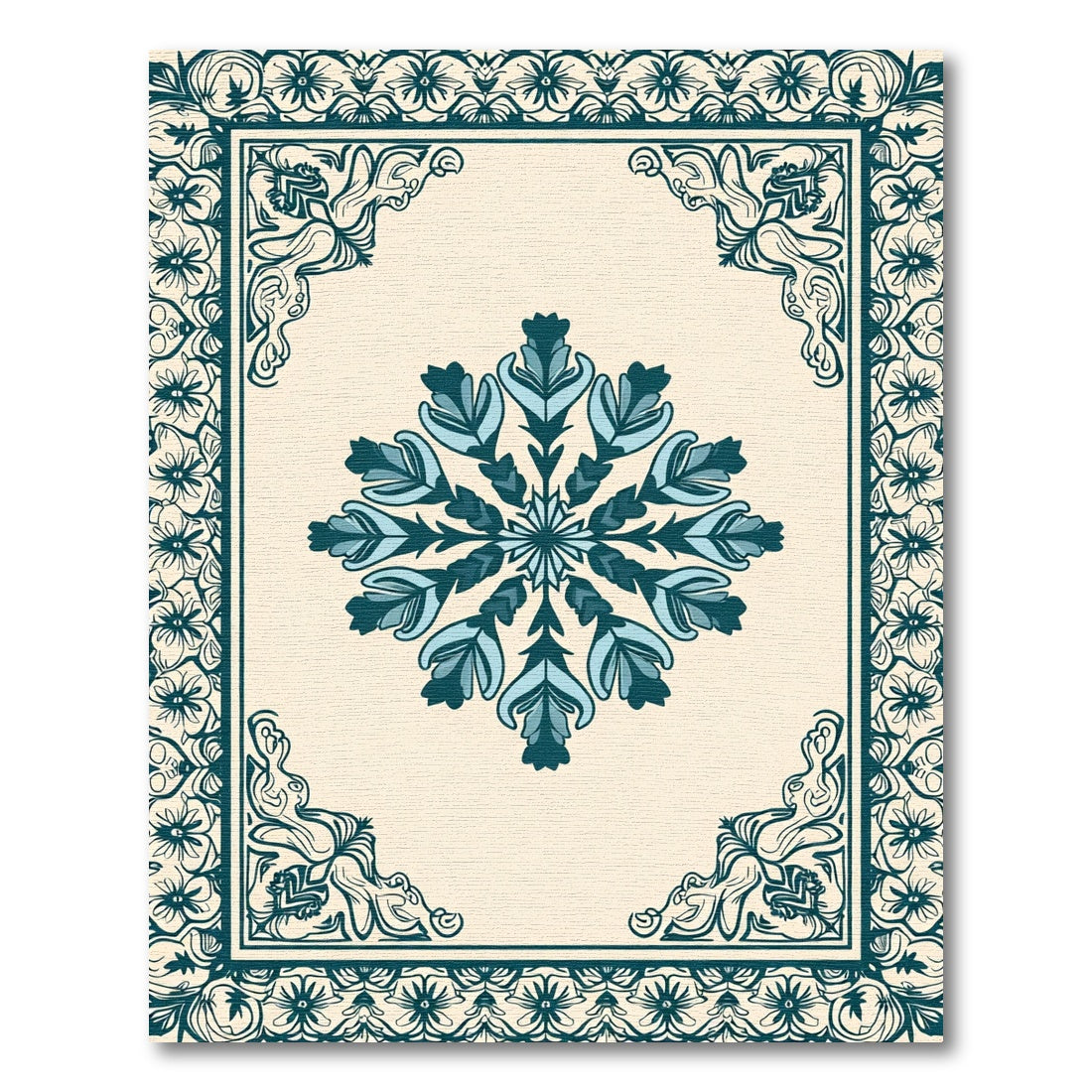 Teal Floral Medallion Ivory Border Rug