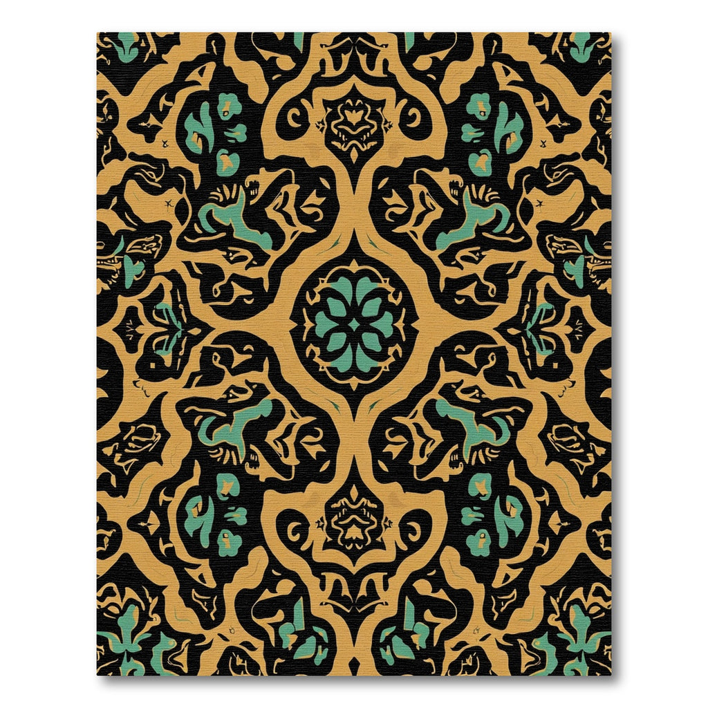 Gold Emerald Black Floral Damask Rug