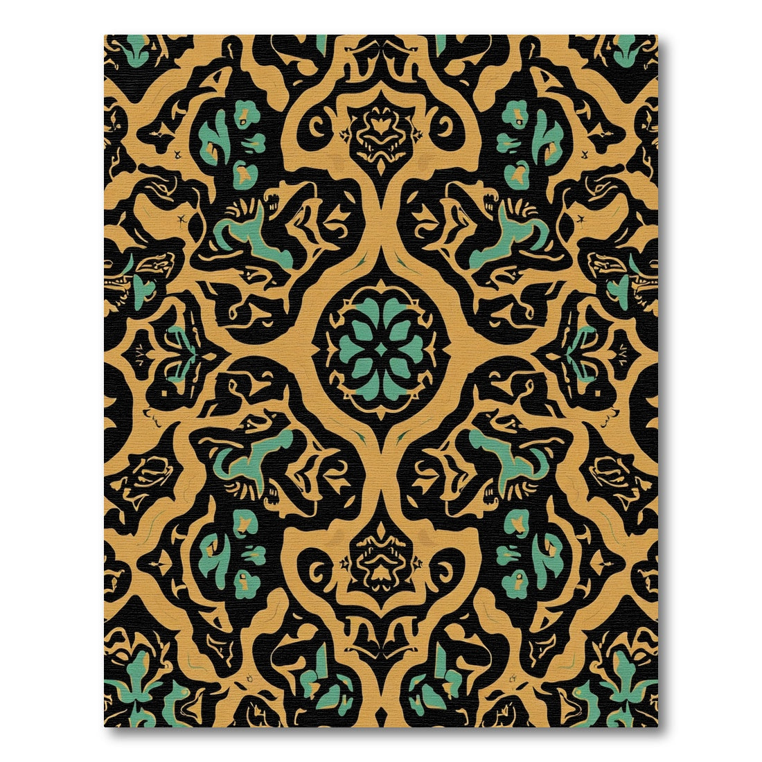 Gold Emerald Black Floral Damask Rug