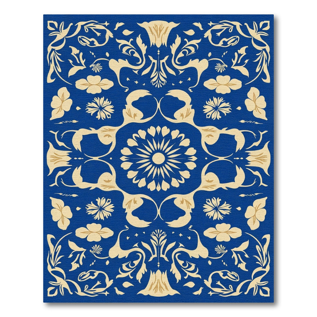 Royal Blue Cream Floral Scroll Motif Rug