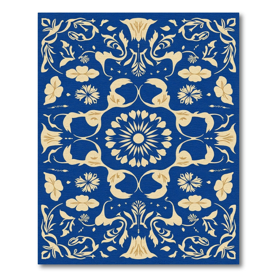 Royal Blue Cream Floral Scroll Motif Rug