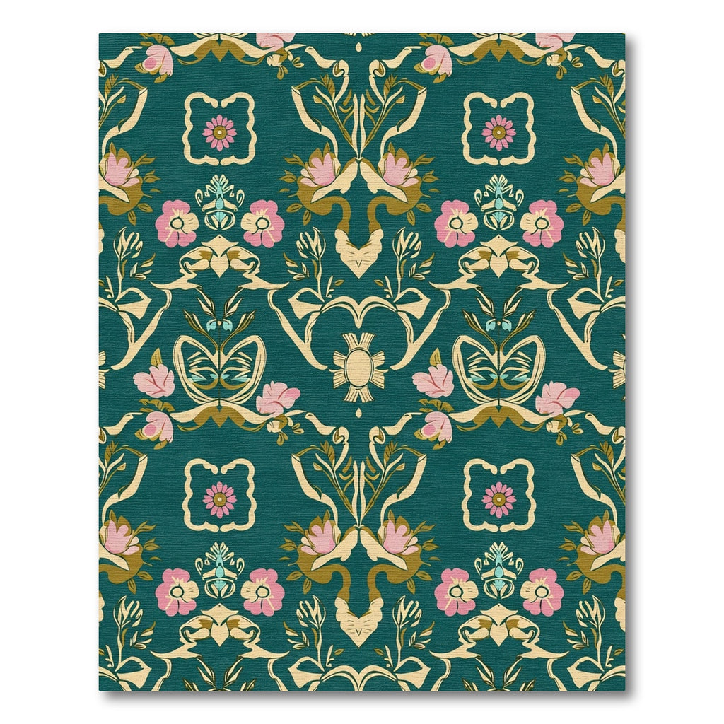Teal Floral Scrollwork With Pink Accents Rug
