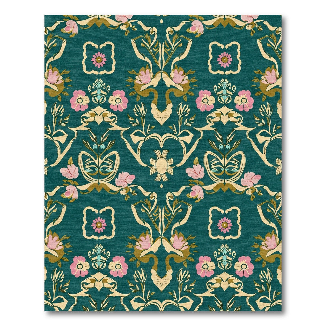 Teal Floral Scrollwork With Pink Accents Rug